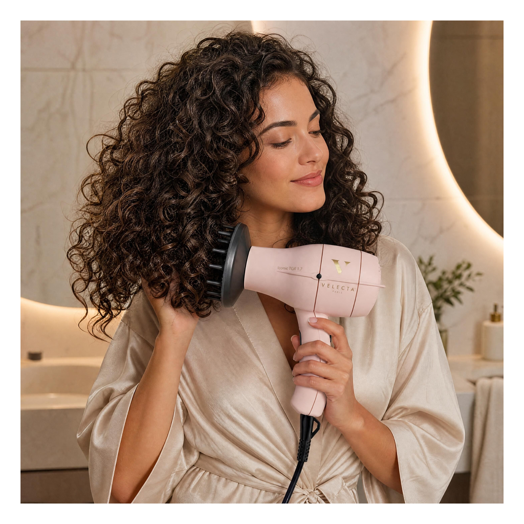 Velecta - Iconic TGR 1.7 - Coffret sèche-cheveux rose poudré avec marquage or + Diffuseur