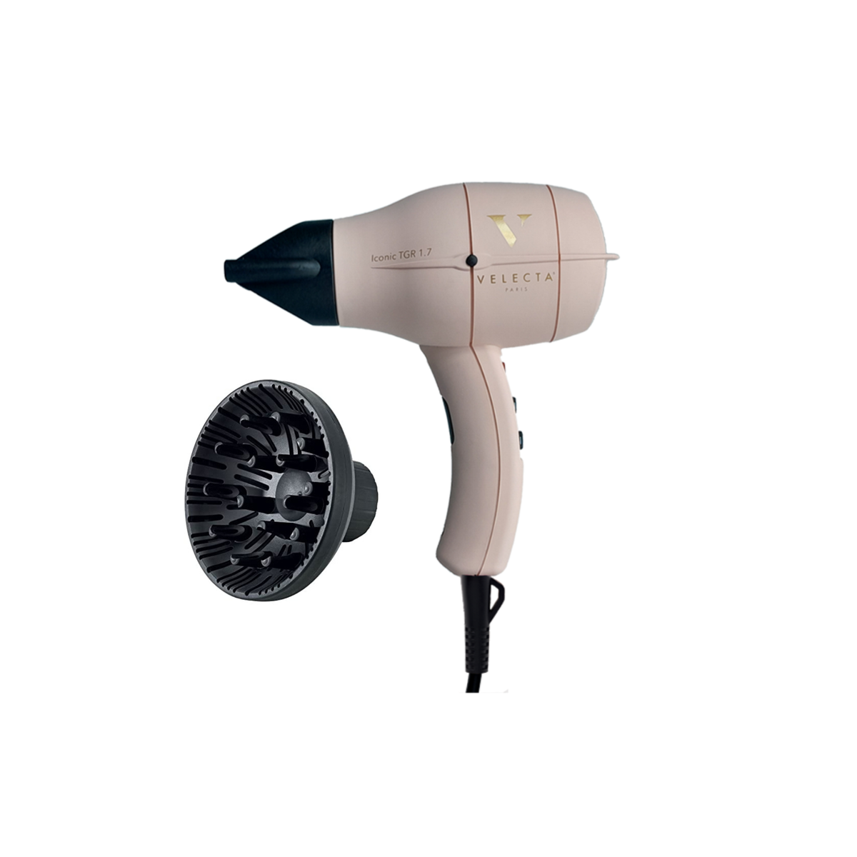Velecta - Iconic TGR 1.7 - Coffret sèche-cheveux rose poudré avec marquage or + Diffuseur