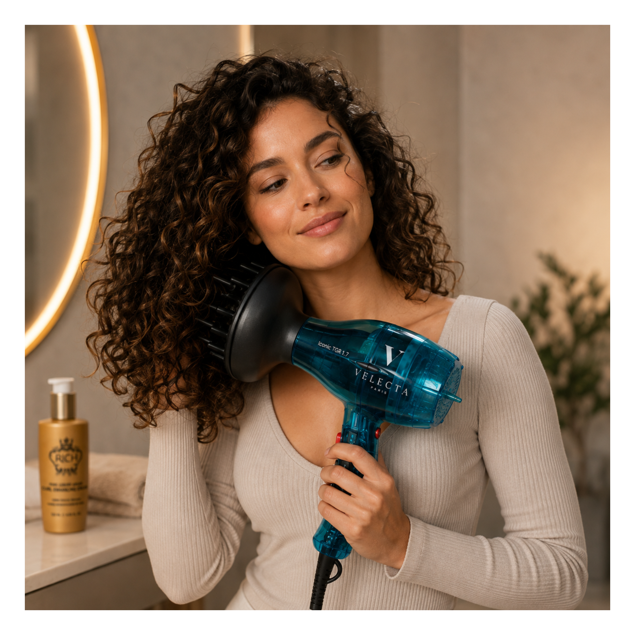 Routine Boucles Complète – Velecta 1.7 turquoise + Diffuseur + Crème Boucles Rich Hair Care