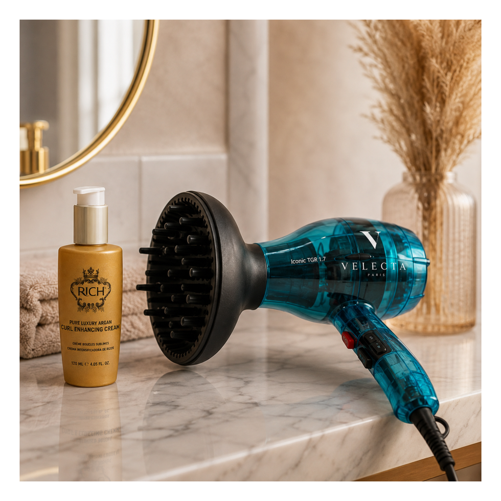 Routine Boucles Complète – Velecta 1.7 turquoise + Diffuseur + Crème Boucles Rich Hair Care