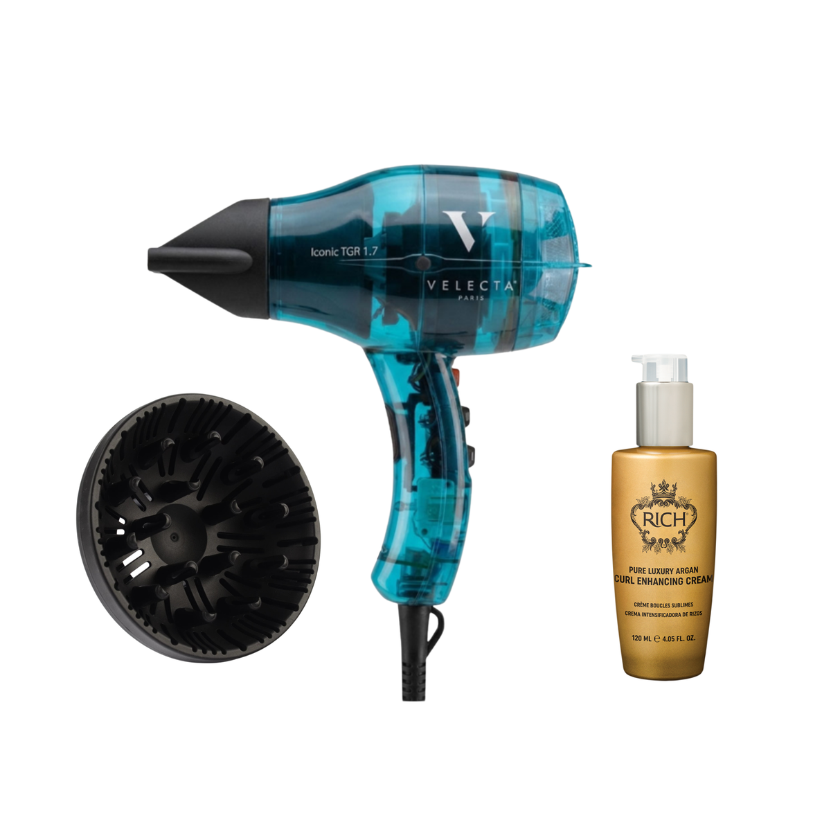 Routine Boucles Complète – Velecta 1.7 turquoise + Diffuseur + Crème Boucles Rich Hair Care