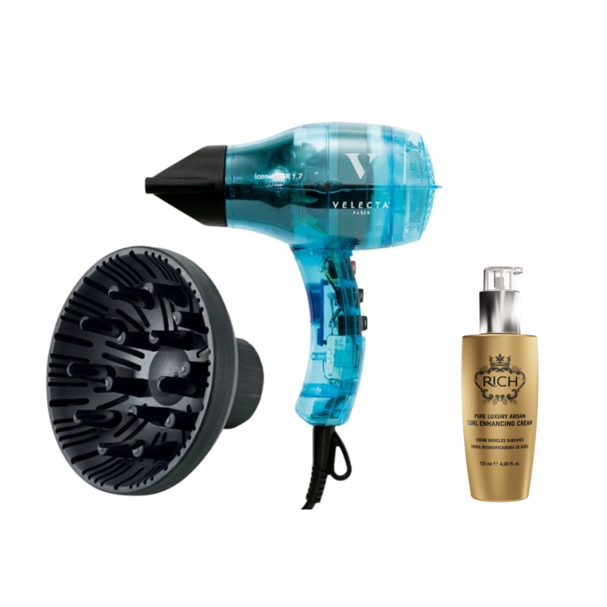 Routine Boucles Complète – Velecta + Diffuseur + Crème Boucles Rich Hair Care